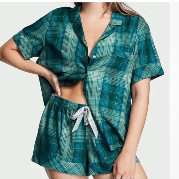 Victoria Secret Flannel Short Pajama Green Shimmer - Picture 1 of 12